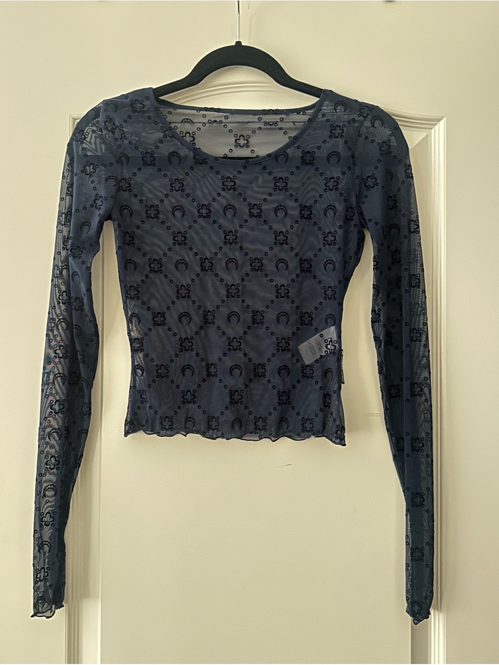 Marine Serre Navy Sheer Long-Sleeve Mesh Top with Velvet Motif